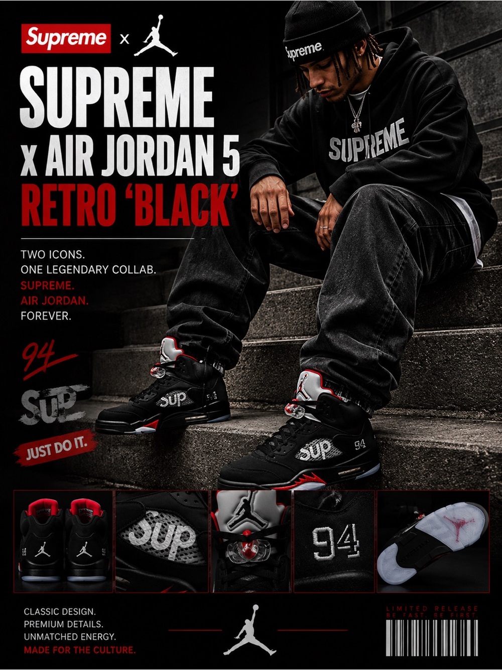 New! Supreme x Air Jordan 5 Retro 'Black'